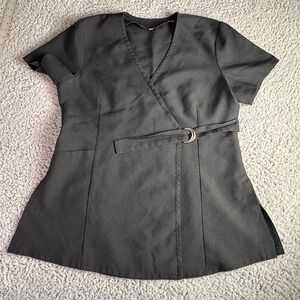 Women's Mock Black Wrap Belted‎ Scrub Top Short Sleeve Size Small
